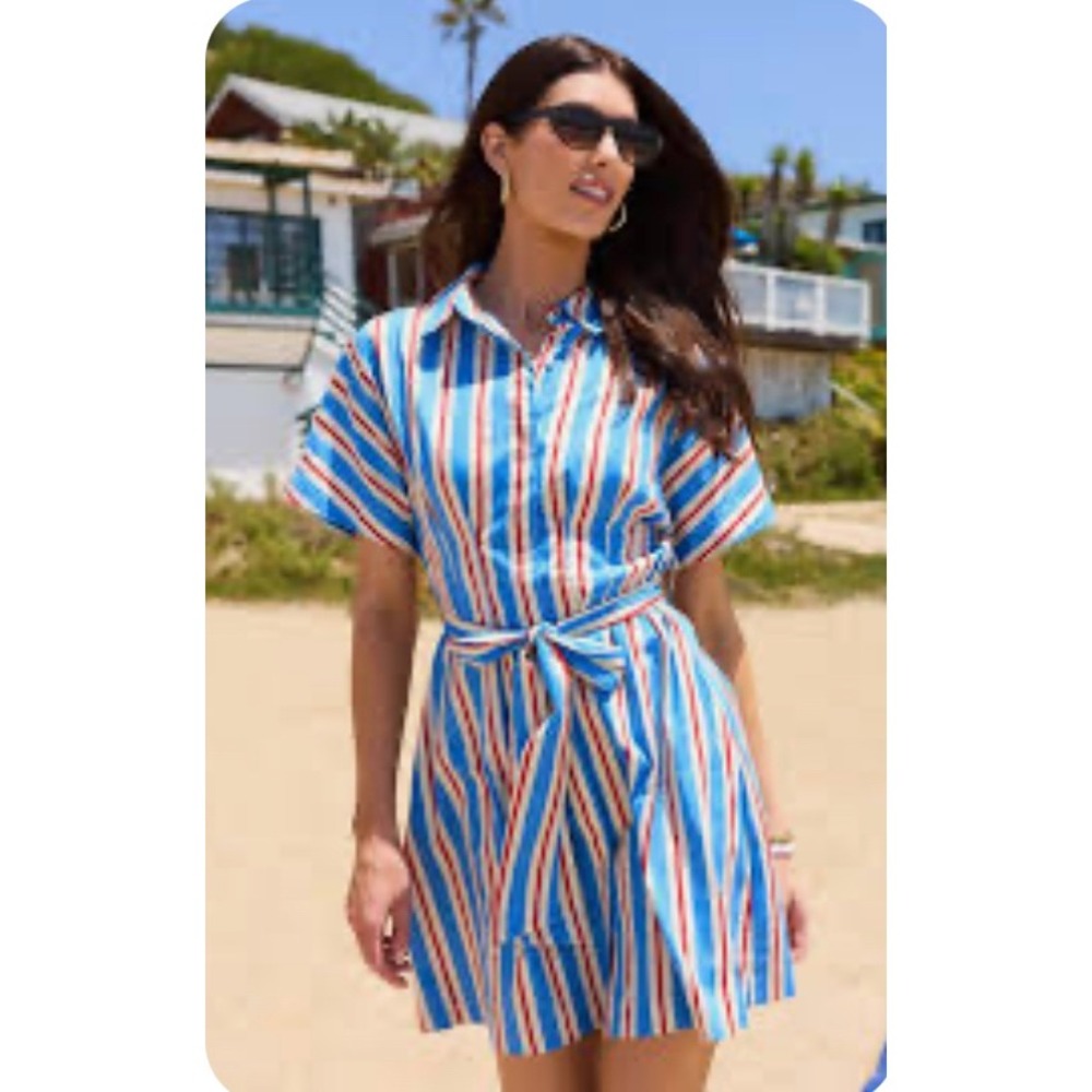 Avara Blue Striped Dress SKU18427-4 Short Sleeve Belted Shirt Dress Large